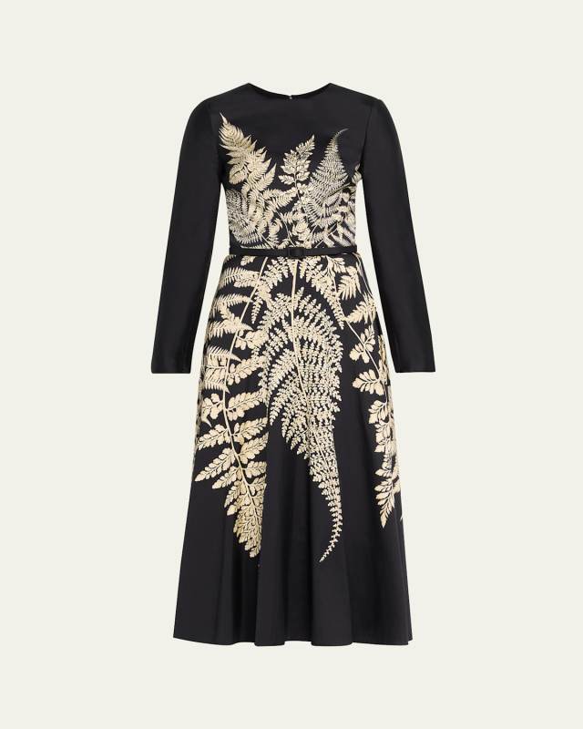 Fern-Print Long-Sleeve Midi Dress